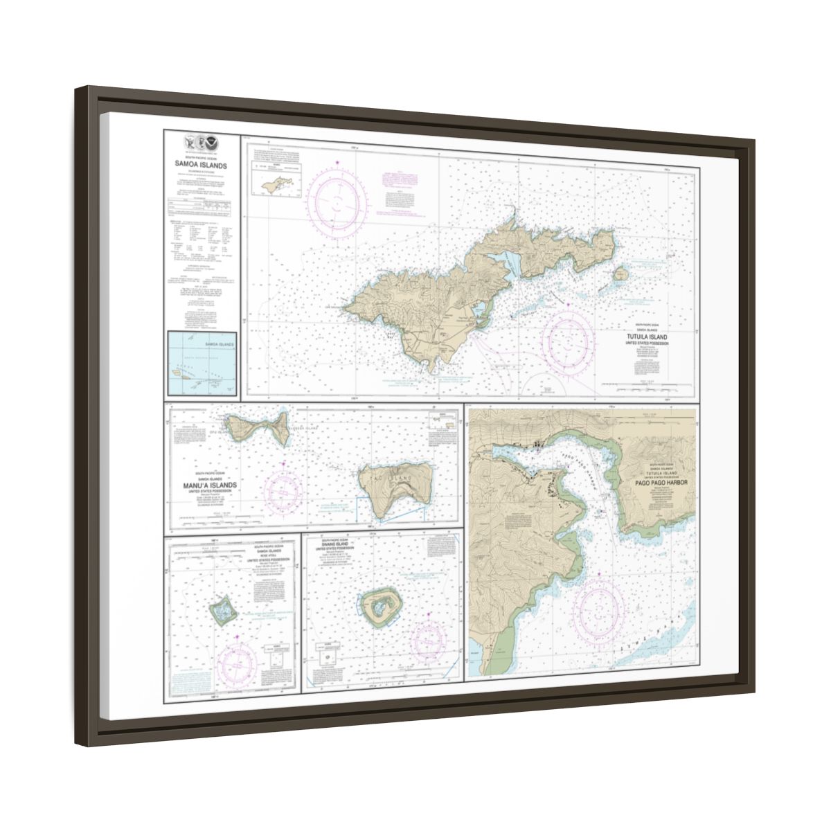 Chart 83484 U.S. Possessions in Samoa Islands Manua Islands;Pago Pago Harbor;Tutuila Island;Rose Atoll;Swains Island - NOAA Nautical Chart Floating Frame Canvas | 32" x 24" | 40" x 30" - Espresso side
