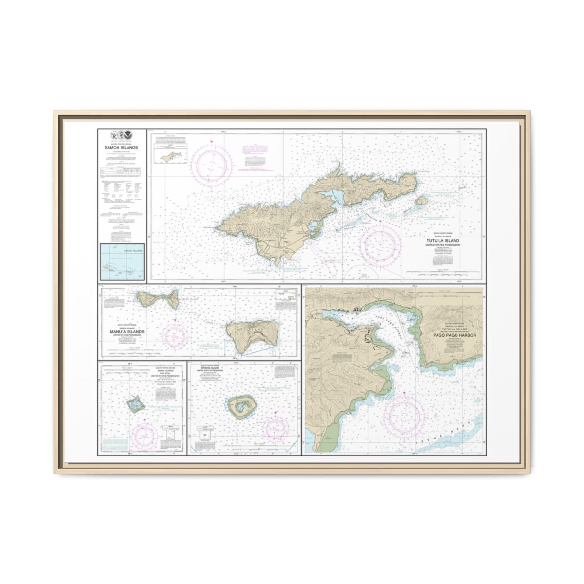Chart 83484 U.S. Possessions in Samoa Islands Manua Islands;Pago Pago Harbor;Tutuila Island;Rose Atoll;Swains Island - NOAA Nautical Chart Floating Frame Canvas | 32" x 24" | 40" x 30" - Natural front