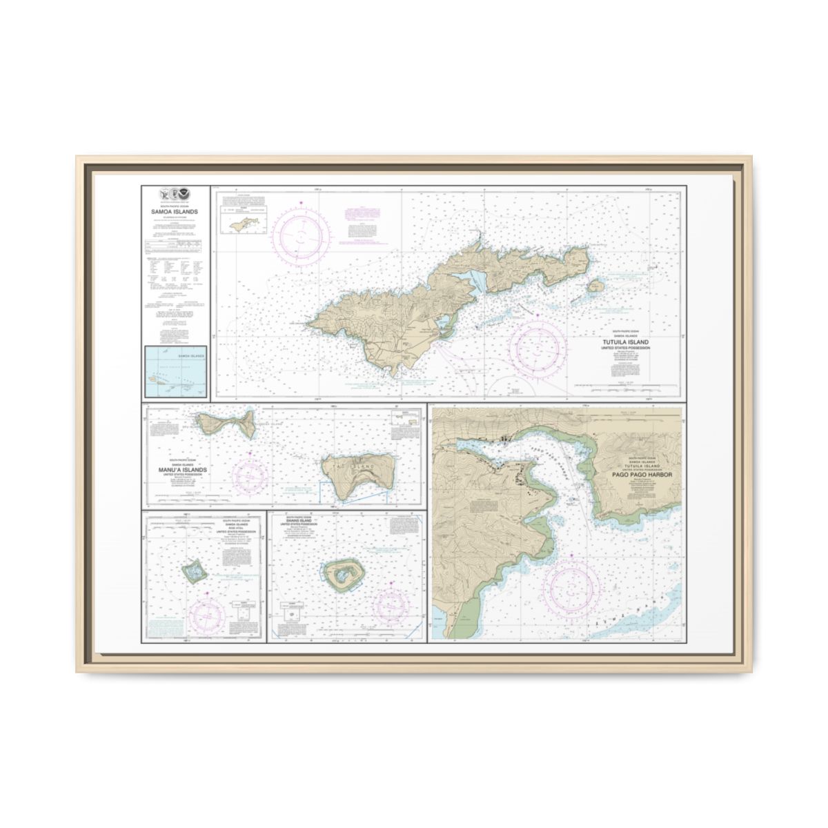 Chart 83484 U.S. Possessions in Samoa Islands Manua Islands;Pago Pago Harbor;Tutuila Island;Rose Atoll;Swains Island - NOAA Nautical Chart Floating Frame Canvas | 32" x 24" | 40" x 30" - Natural front