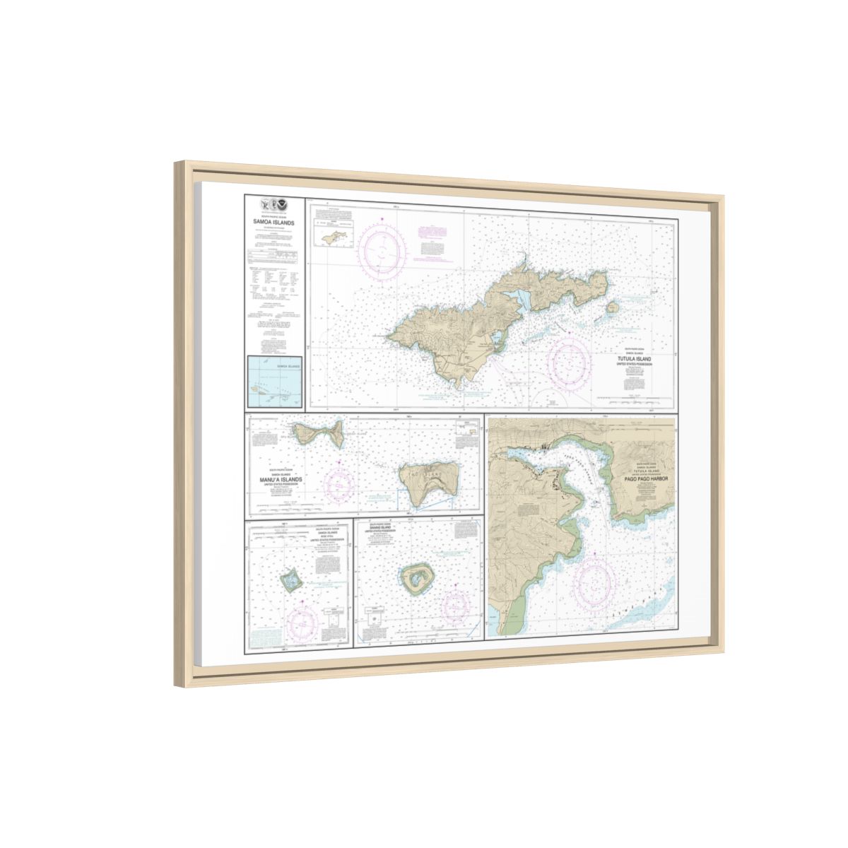 Chart 83484 U.S. Possessions in Samoa Islands Manua Islands;Pago Pago Harbor;Tutuila Island;Rose Atoll;Swains Island - NOAA Nautical Chart Floating Frame Canvas | 32" x 24" | 40" x 30" - Natural side