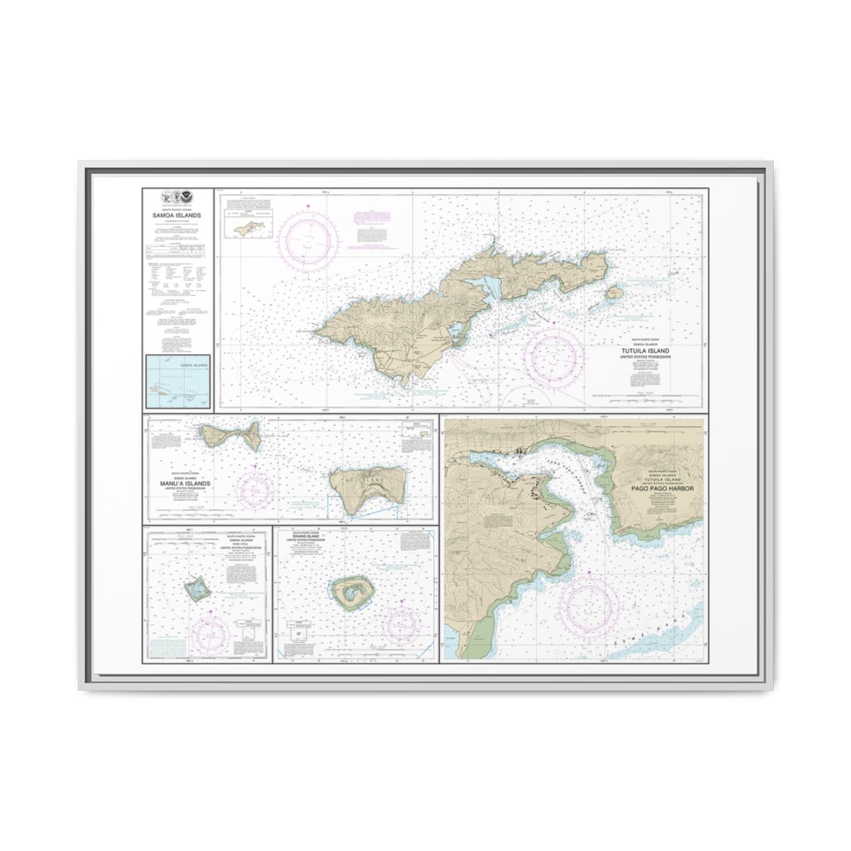 Chart 83484 U.S. Possessions in Samoa Islands Manua Islands;Pago Pago Harbor;Tutuila Island;Rose Atoll;Swains Island - NOAA Nautical Chart Floating Frame Canvas | 32" x 24" | 40" x 30" - White front