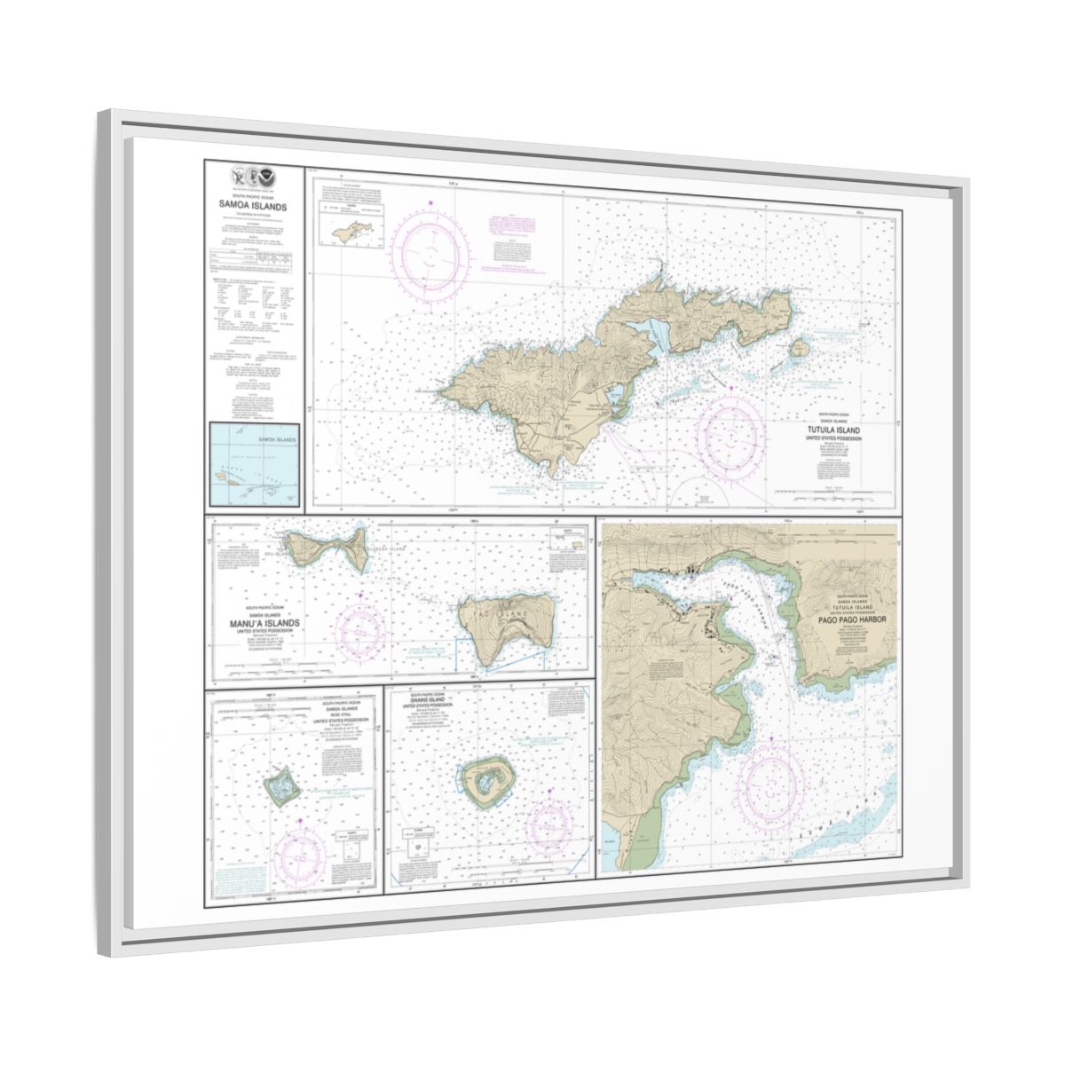 Chart 83484 U.S. Possessions in Samoa Islands Manua Islands;Pago Pago Harbor;Tutuila Island;Rose Atoll;Swains Island - NOAA Nautical Chart Floating Frame Canvas | 32" x 24" | 40" x 30" - White side