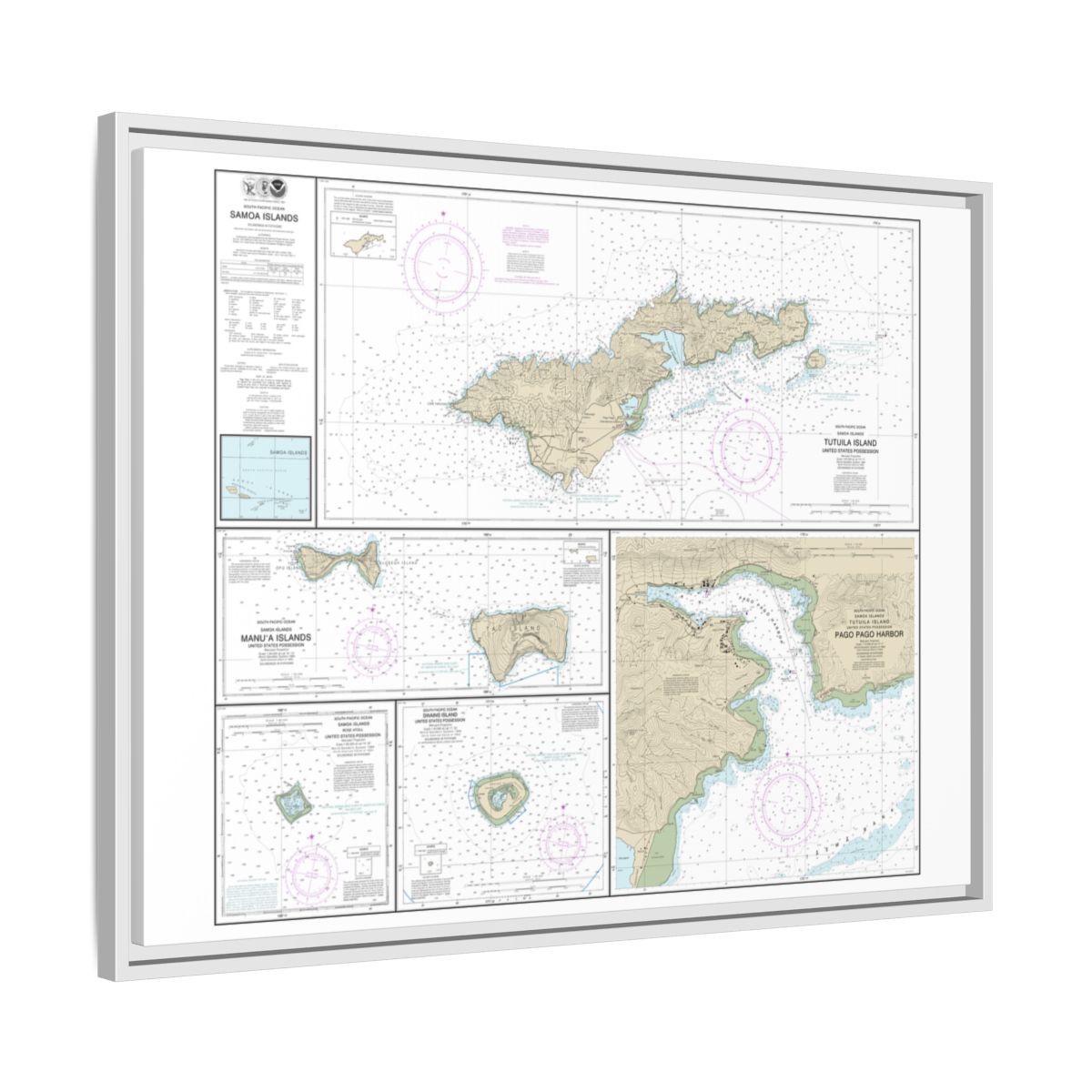Chart 83484 U.S. Possessions in Samoa Islands Manua Islands;Pago Pago Harbor;Tutuila Island;Rose Atoll;Swains Island - NOAA Nautical Chart Floating Frame Canvas | 32" x 24" | 40" x 30" - White side