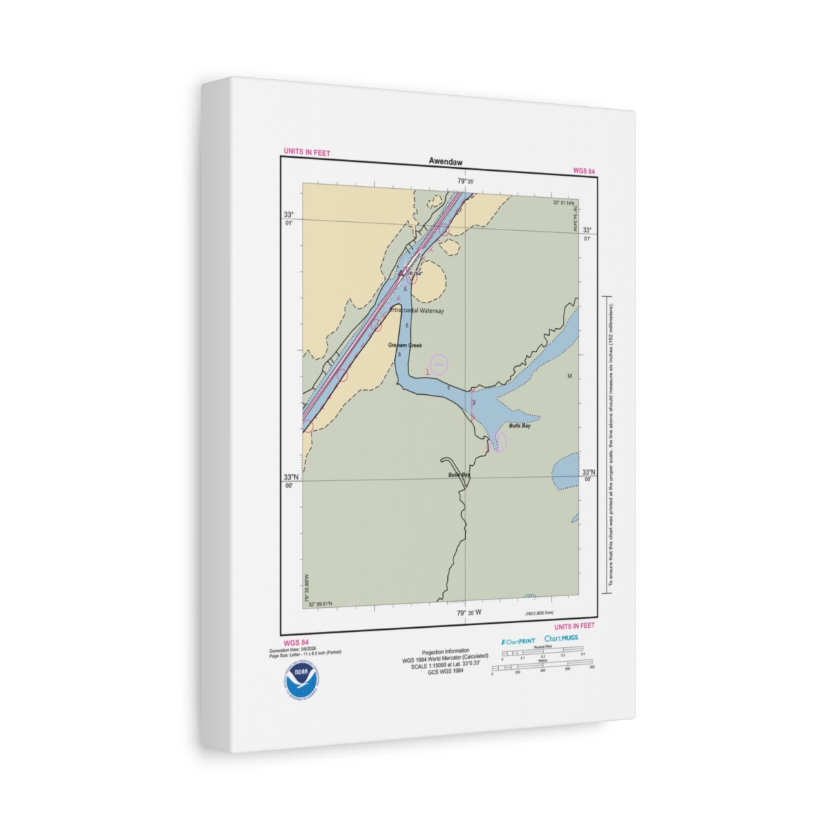 Canvas Custom Chart of Awendaw - NOAA Nautical Chart 8.5" x 11"