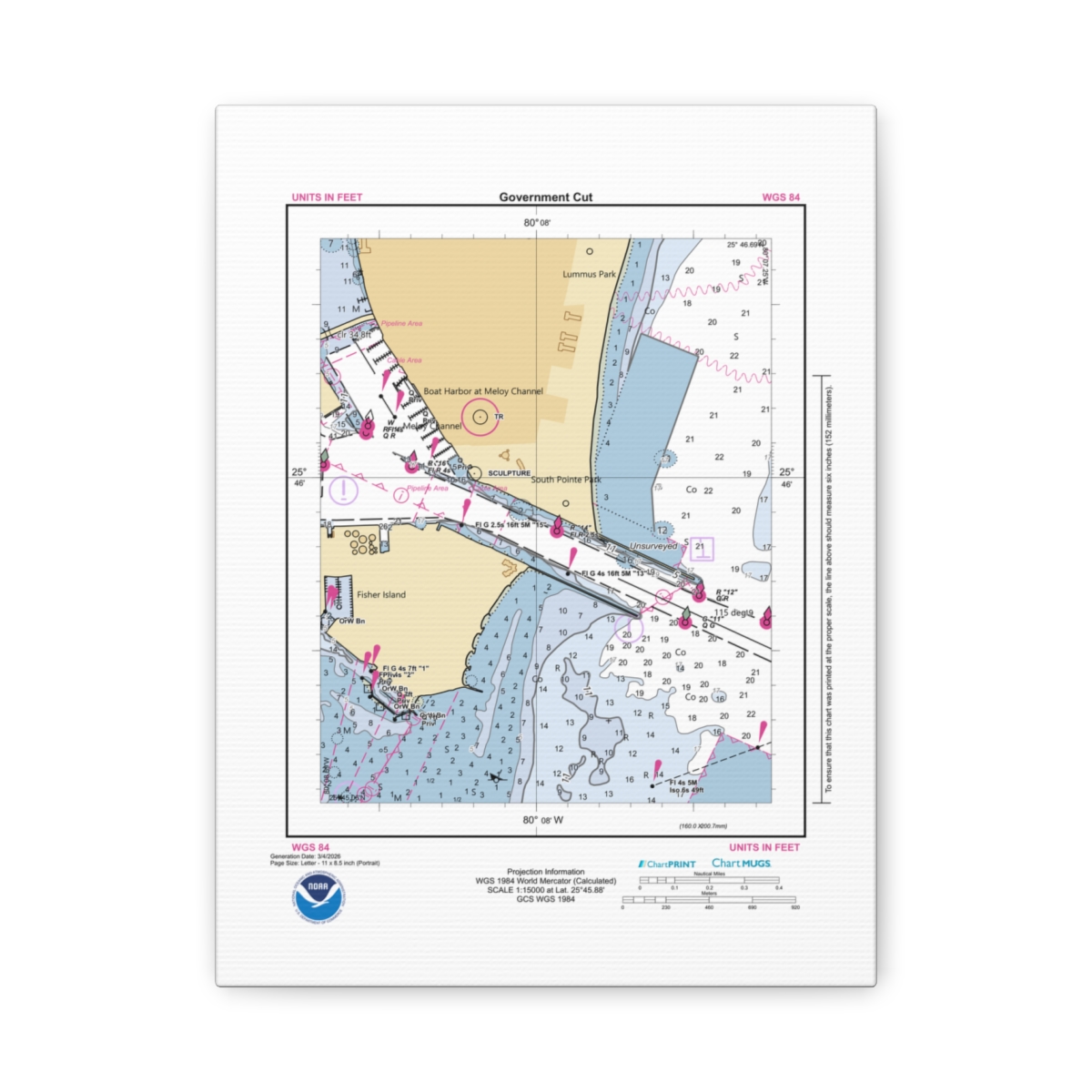 Canvas Custom Chart of Government Cut - NOAA Nautical Chart 8.5" x 11"