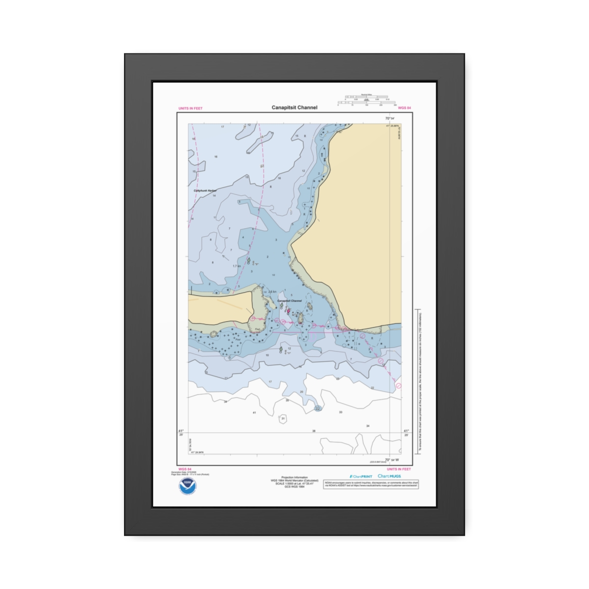 Framed Custom Chart of Canapitsit Channel - NOAA Nautical Chart 12″ x 18″ (Vertical)