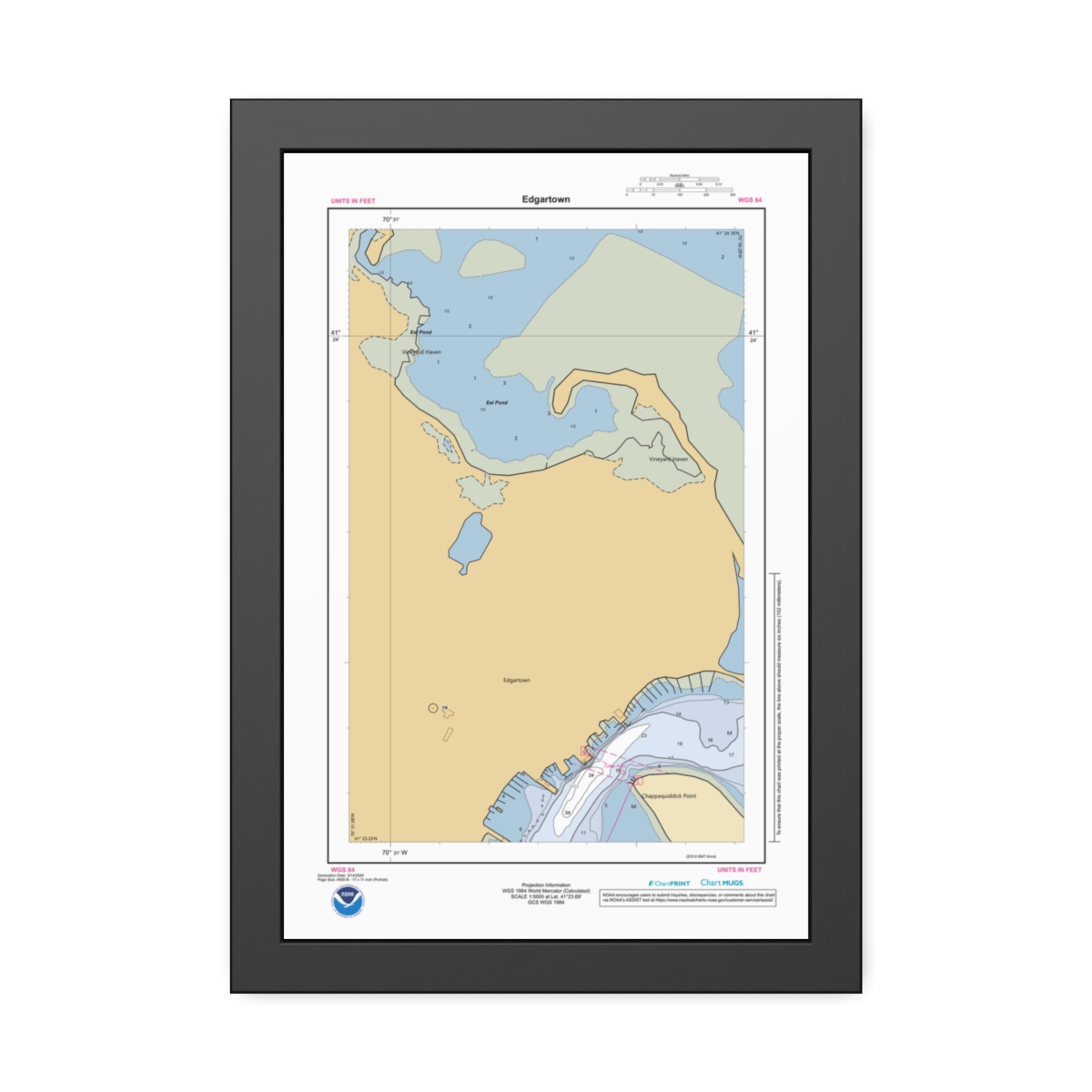 Framed Custom Chart of Edgartown - NOAA Nautical Chart 11" x 17"