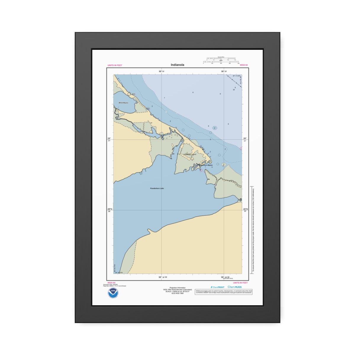 Framed Custom Chart of Indianola - NOAA Nautical Chart 11" x 17"
