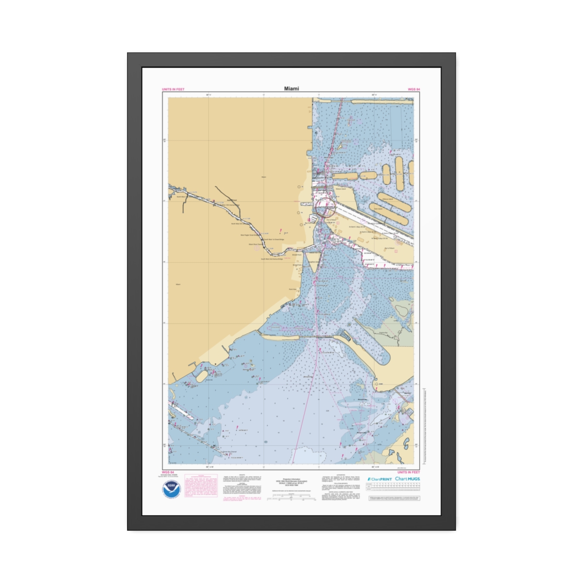 Framed Custom Chart of Miami - NOAA Nautical Chart 22" x 34"